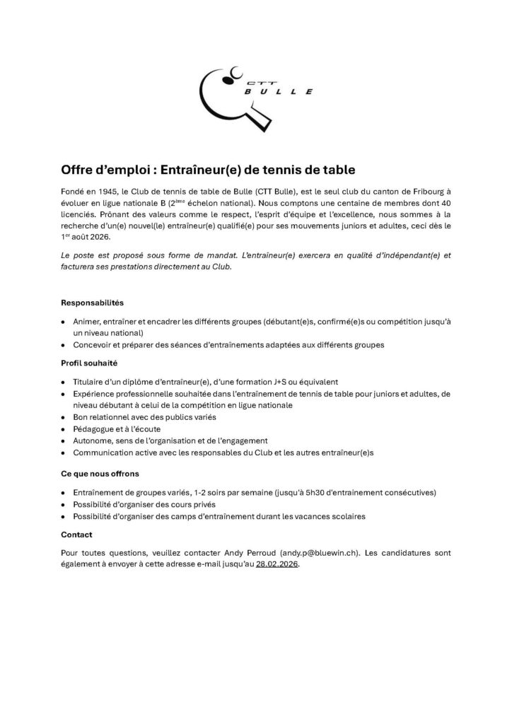 Offre Emploi Entraineur : Bulle